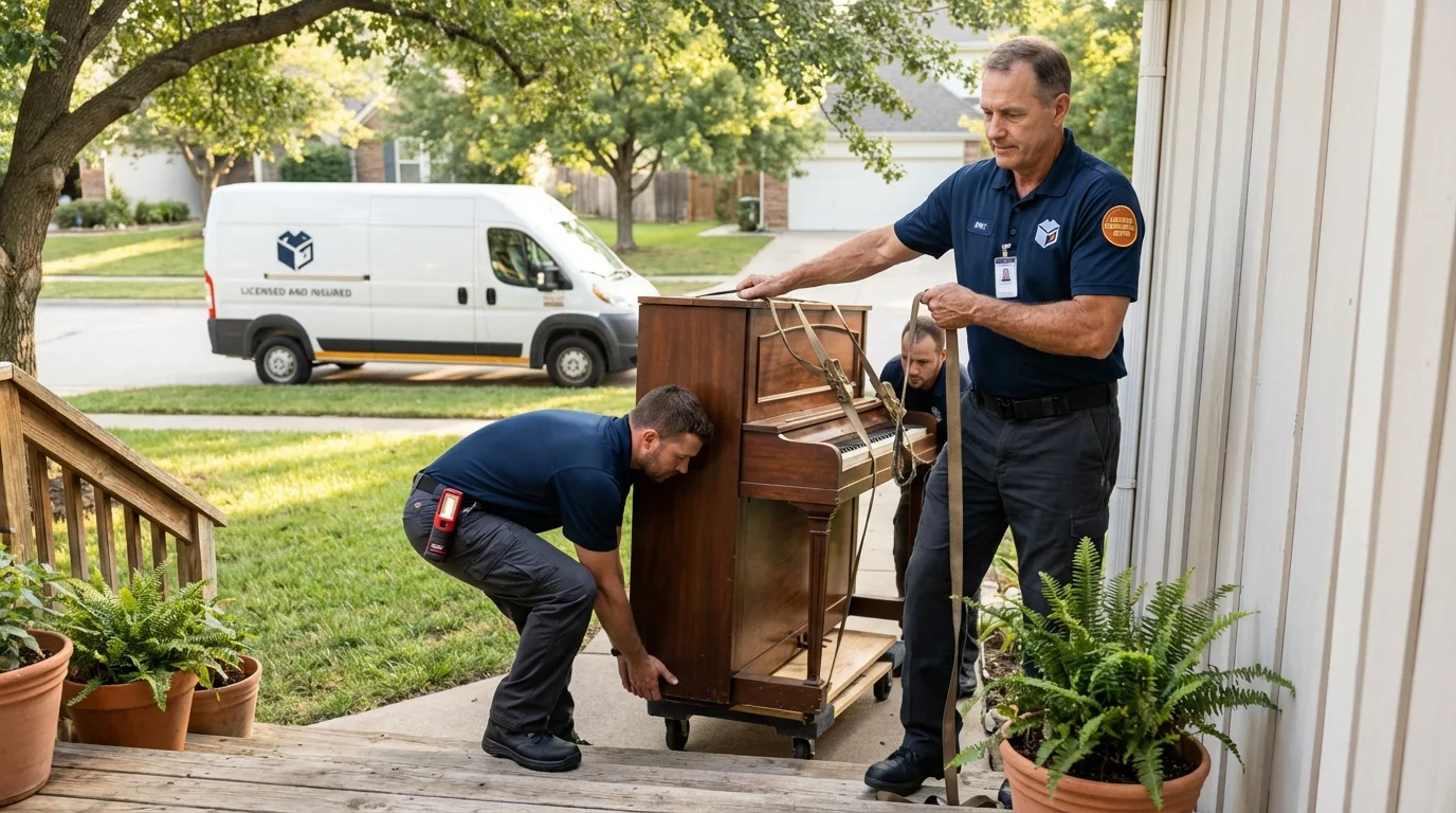 Licensed piano movers securing grand piano in Lovington, IL