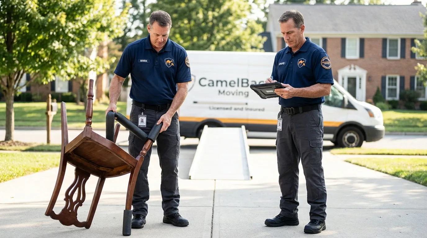 Movers inspecting furniture for damage prevention before loading in Lovington, IL