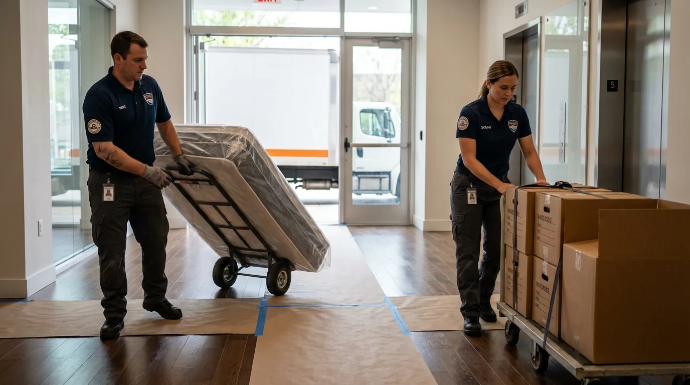 Professional apartment movers loading elevator in Lovington, IL