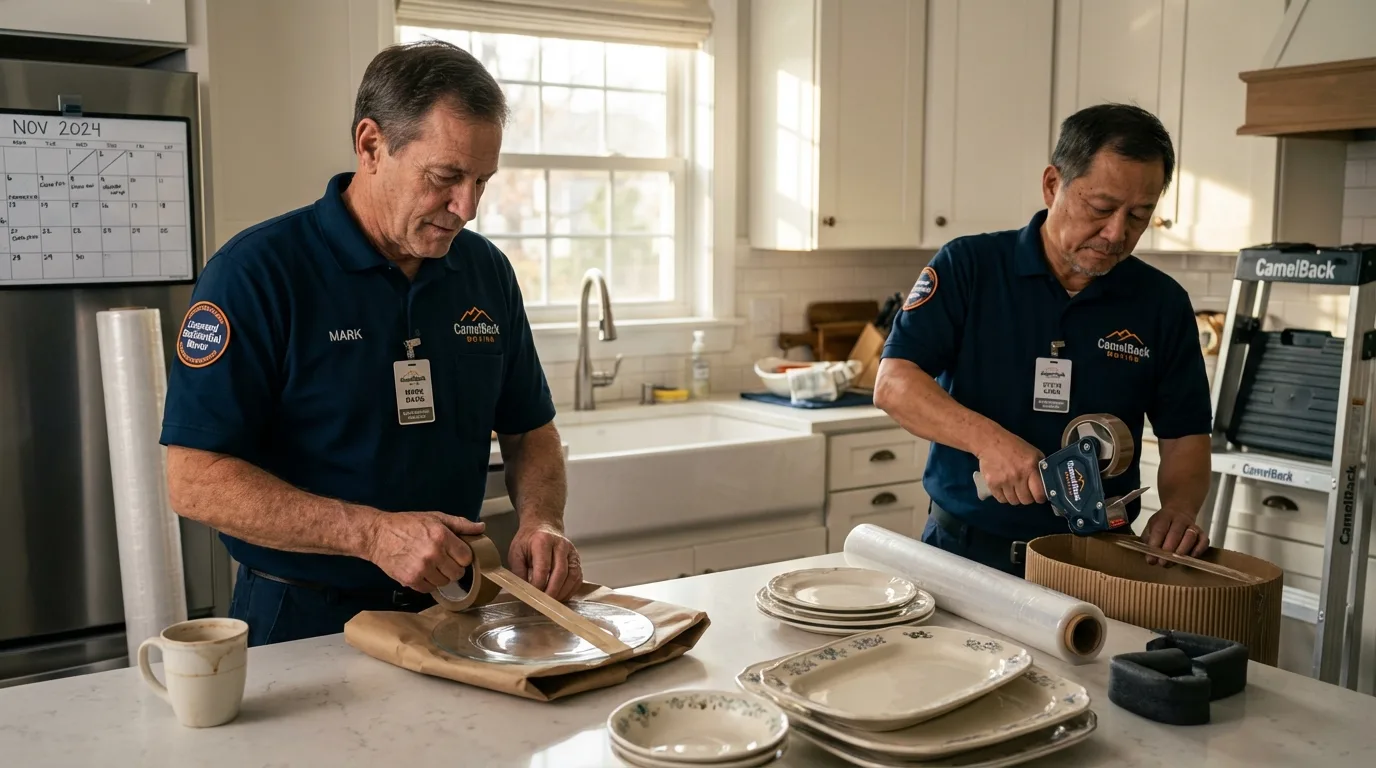 Professional crew packing kitchen dishware in Lovington, IL